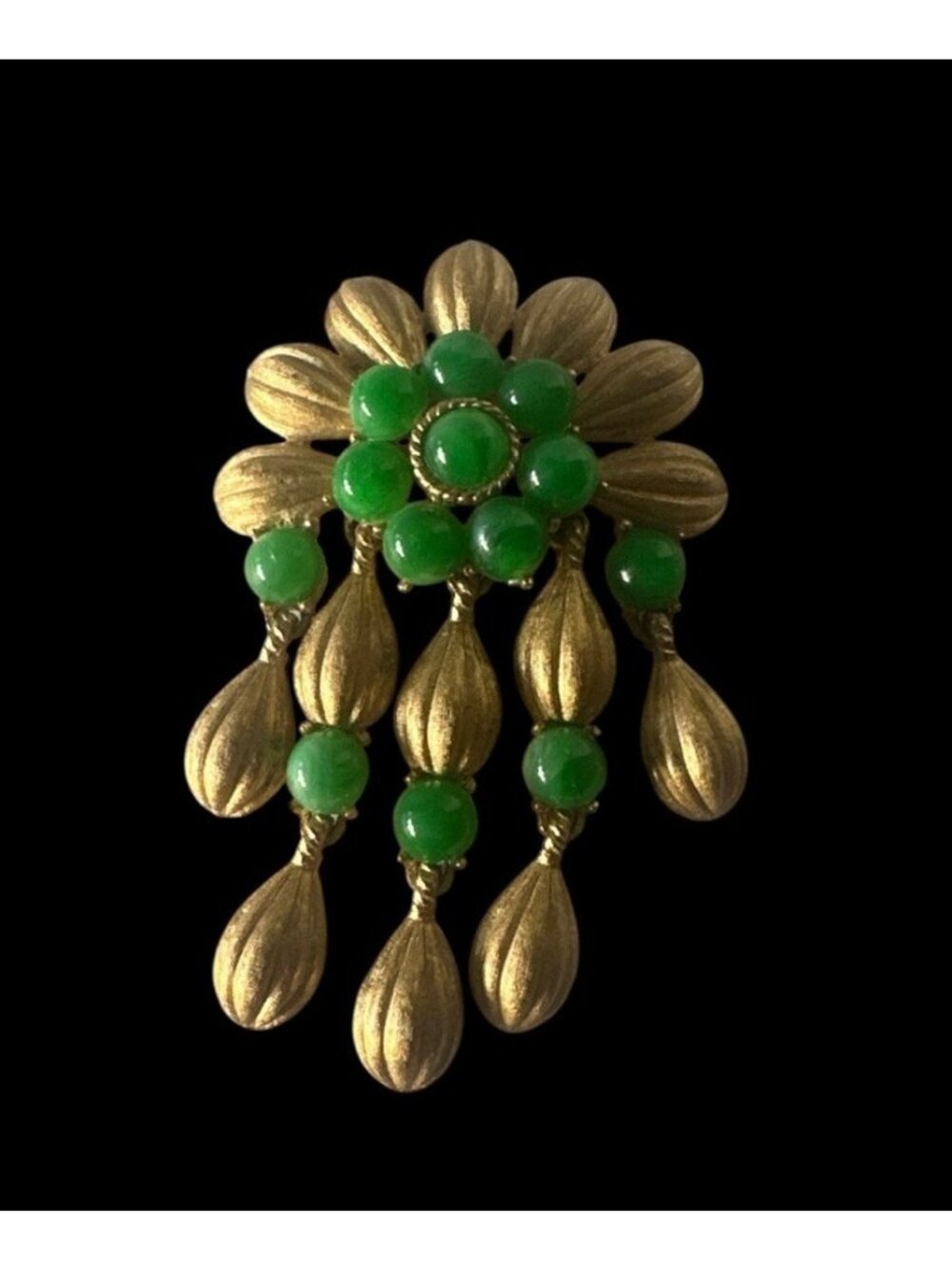 Crown Trifari Brushed Gold Tone Dangle Pin Pendant Green Cabochons Signed - Picture 2 of 10